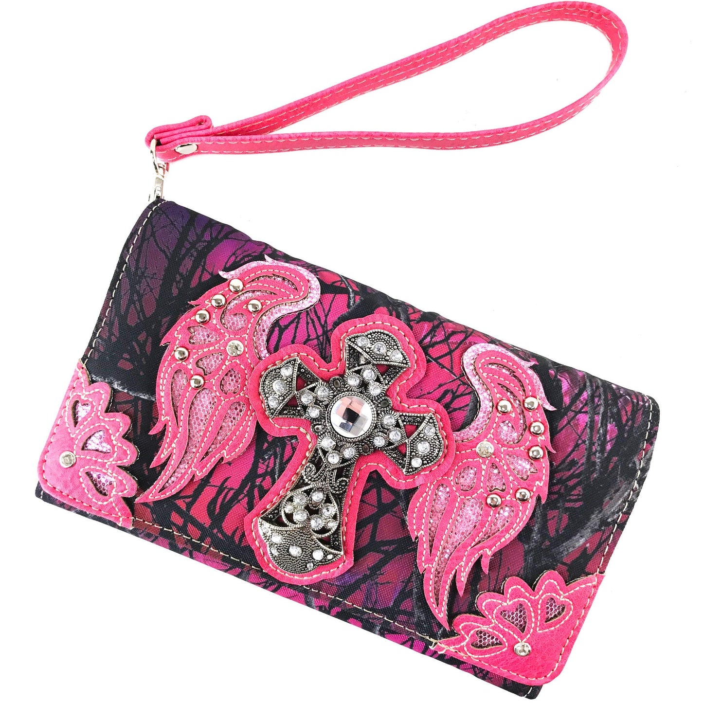 Zelris Camouflage Shine Glow Cross Wings Women Conceal Carry Handbag with Wallet (Hot Pink)