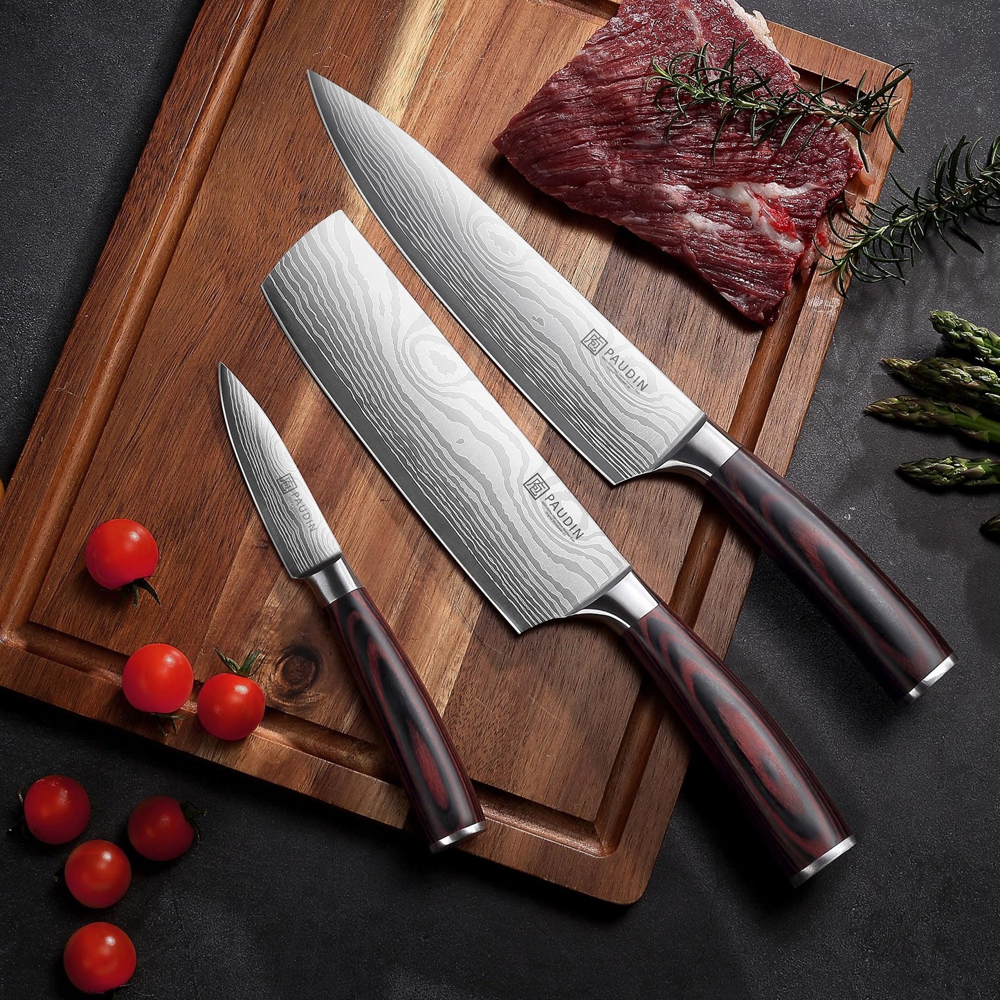 PAUDIN Kitchen Knife Set, 3 Piece High Carbon Stainless Steel Professional Chef Knife Set with Ultra Sharp Blade & Wooden Handle (Kitchen Knife Set 3 Pcs)