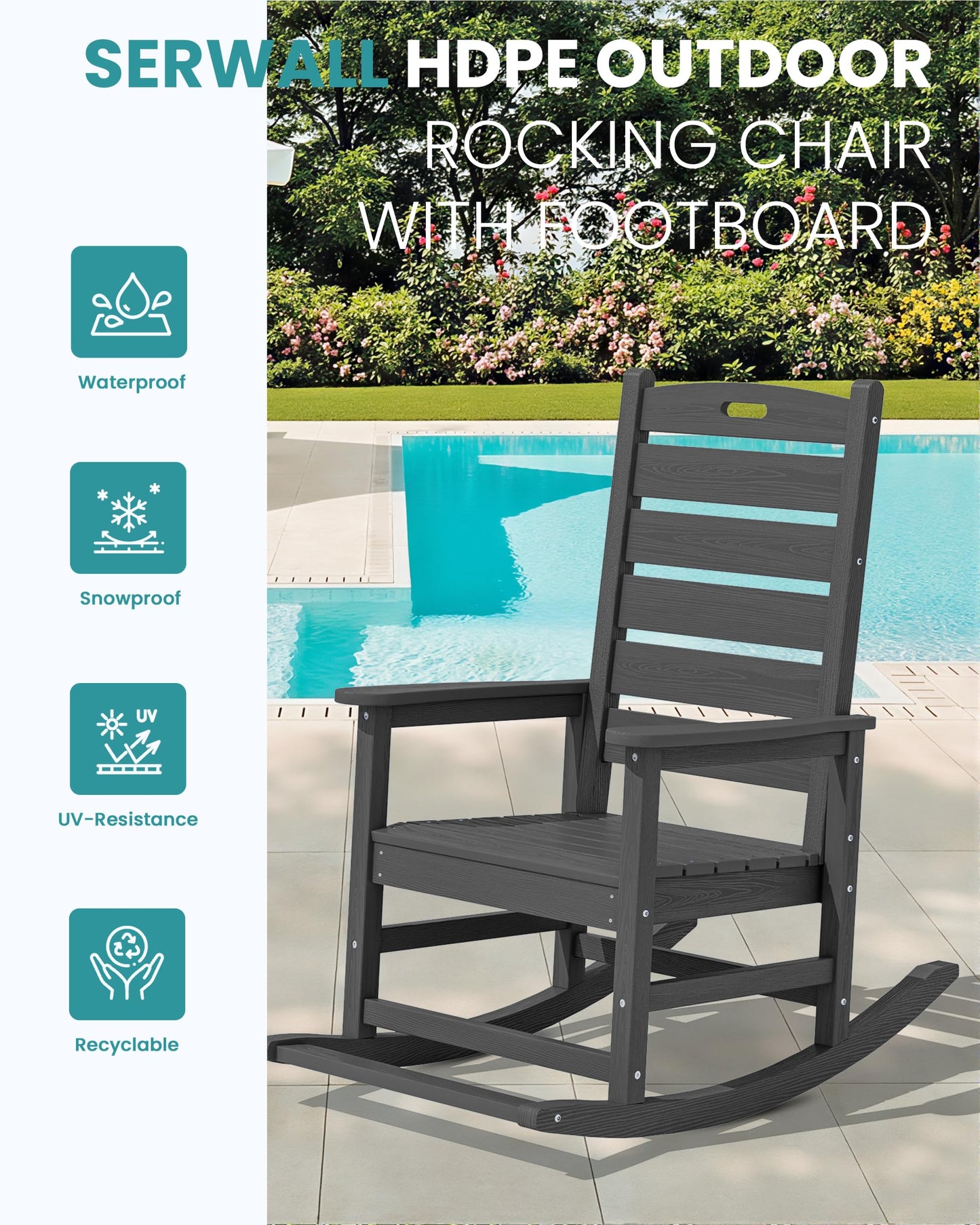 SERWALL Outdoor Rocking Chair, Oversized Rocking Chair with Footrest for Adults, HDPE All Weather Resistant Rocking Chairs for Patio, 350lbs Weight Capacity, Gray