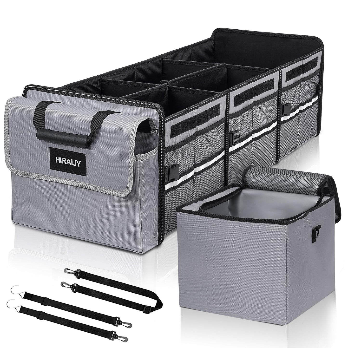 HIRALIY 4 in 1 Car Trunk Storage Organizer, Multi Compartment Collapsible Trunk Storage Box with Leakproof Insulated Bag for Car Truck SUV