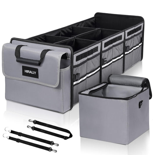 HIRALIY 4 in 1 Car Trunk Storage Organizer, Multi Compartment Collapsible Trunk Storage Box with Leakproof Insulated Bag for Car Truck SUV