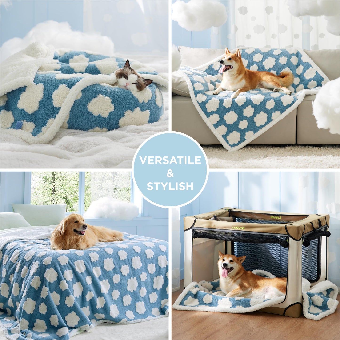 Lesure Waterproof Puppy Blanket for Small Dogs - Washable Double Sided Dog Blankets with Warm Jacquard Shag and Soft Sherpa Fleece, Pet Cat Blanket for Couch Protection, 3D Textured Cloud, Blue
