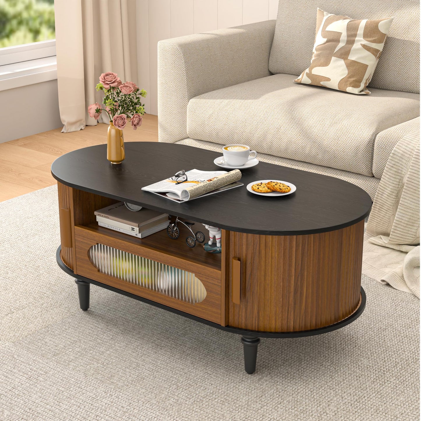 Fluted Round Coffee Table with Storage, Modern Oval Coffee Table with Drawer, Sliding Door, Low Small Center Tables for Living Room, Wooden Boho, Mid Century, Unique, Black and Walnut