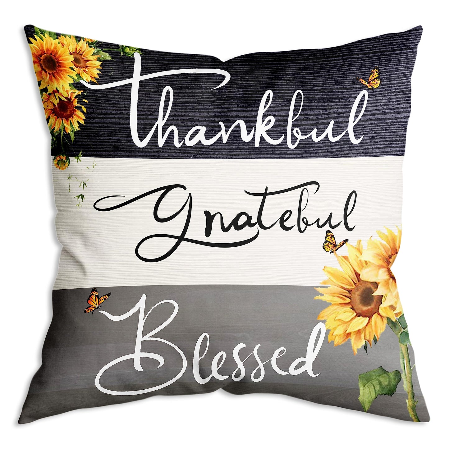 ZNGFON Thankful Grateful Blessed Sunflower Gifts Farmhouse Soft Throw Pillow Cover Cushion Cover Decor for Sofa Couch Bed 18x18 Inch