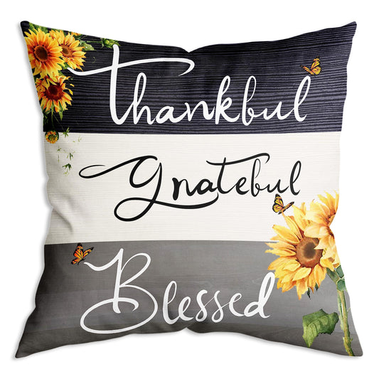 ZNGFON Thankful Grateful Blessed Sunflower Gifts Farmhouse Soft Throw Pillow Cover Cushion Cover Decor for Sofa Couch Bed 18x18 Inch