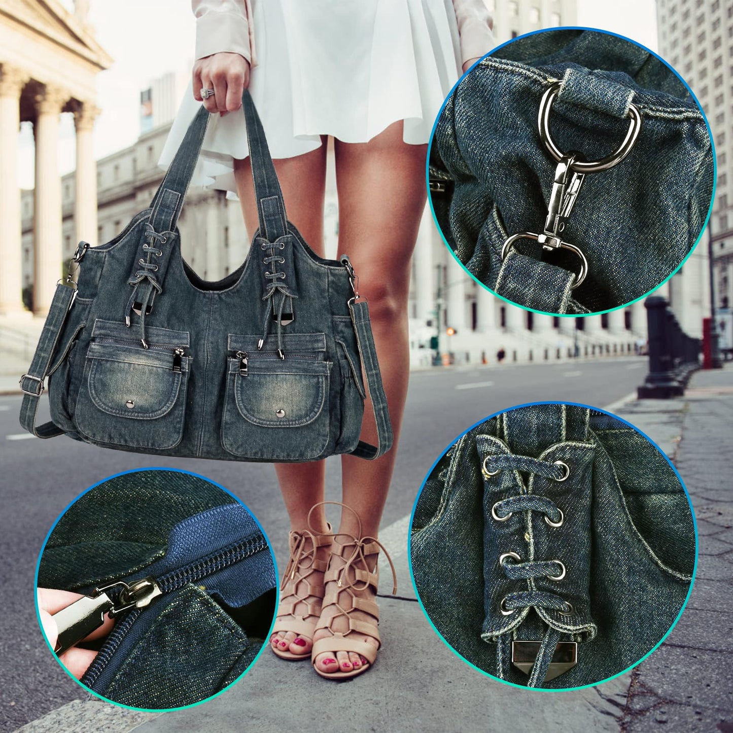 YeFine Casual Washed Denim Shoulder Bags Top Handle Lady's Hobo Bags Women Purses And Handbags (Deep Blue)