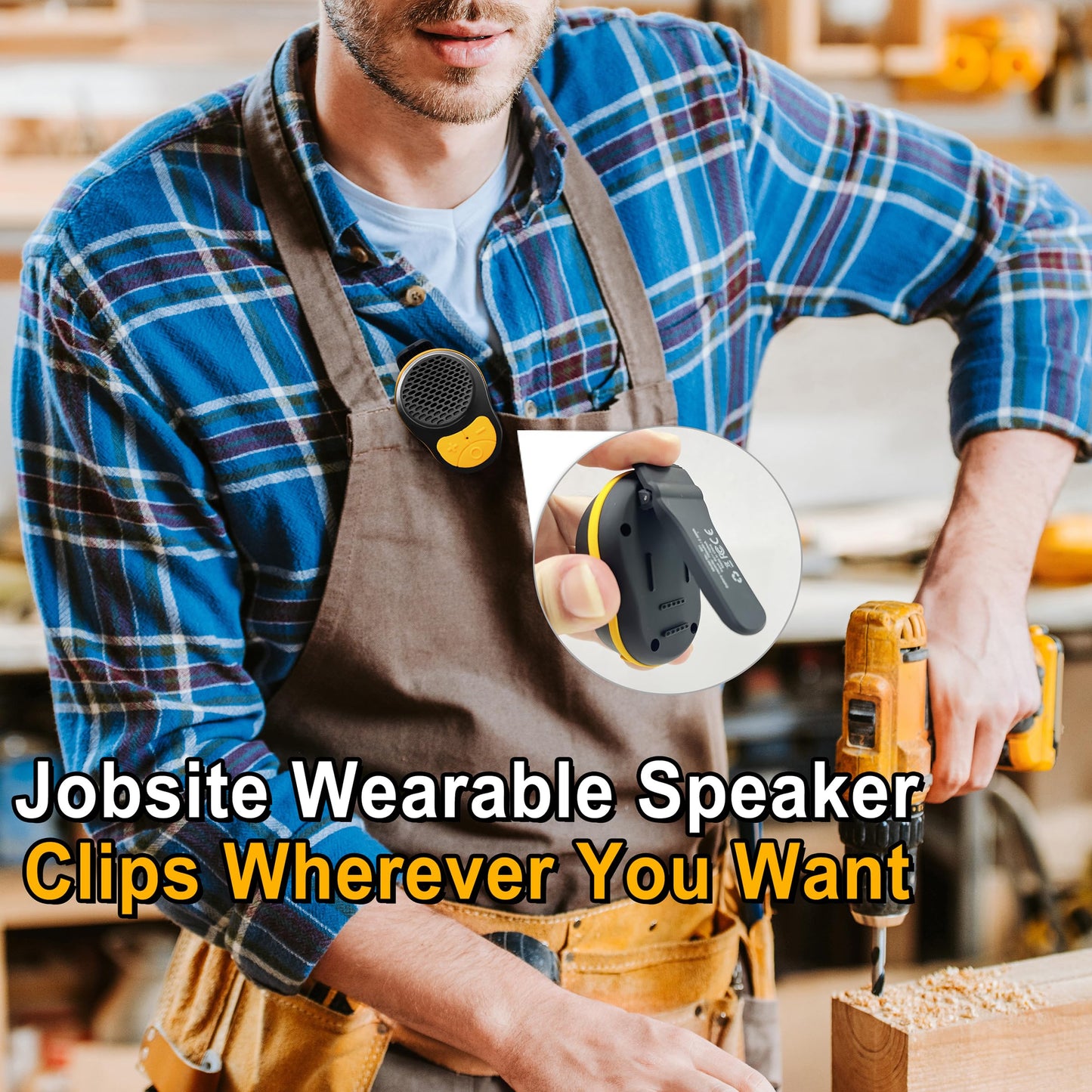 STDFORU Small Wearable Bluetooth Speaker Clip On Wireless Jobsite Pro Water-Resistant Portable Bluetooth Speaker Mini Wearable Speakers with Microphone for Workout Cycling Running (Black+Yellow)