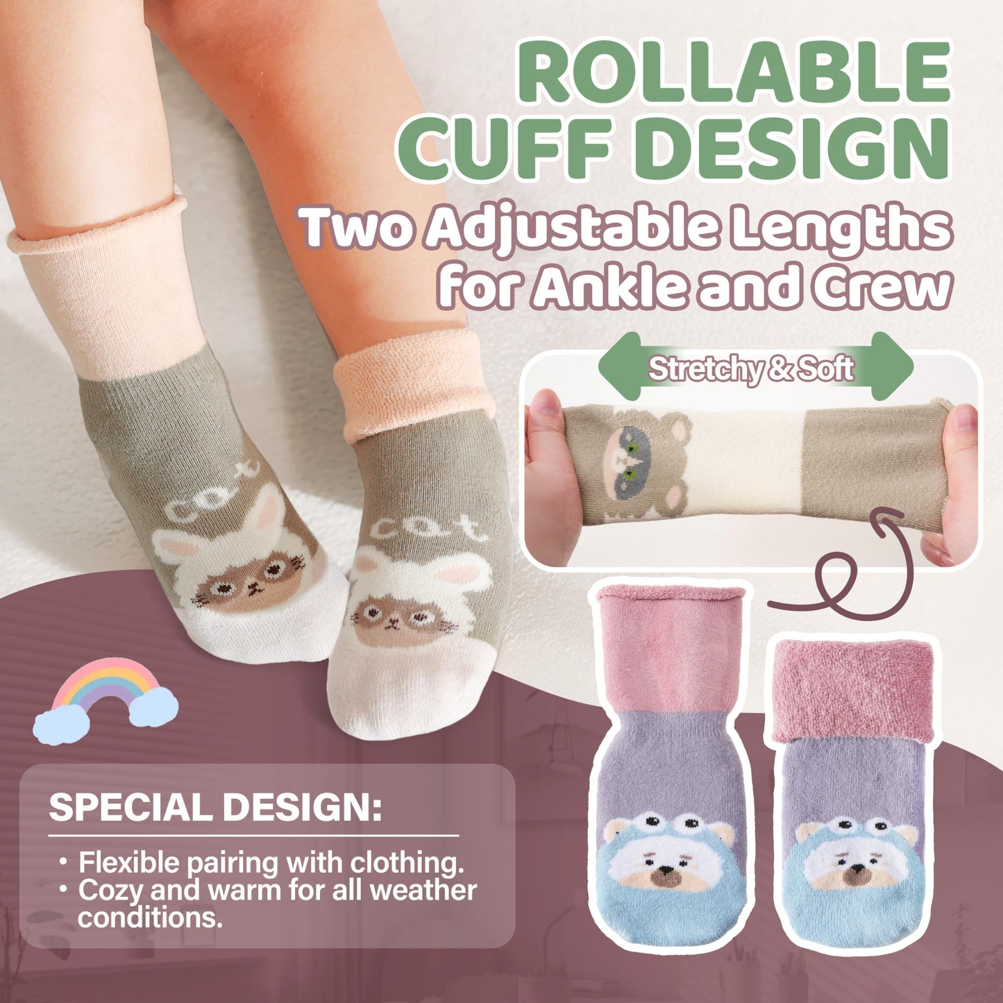 ANTSANG Baby Toddler Socks With Grippers Girls Boy Kids Unisex Winter Warm Thick Cotton Ankle Crew Non-Slip/Anti-Skid Socks 9 Pairs(Cartoon Animal,1-3T)