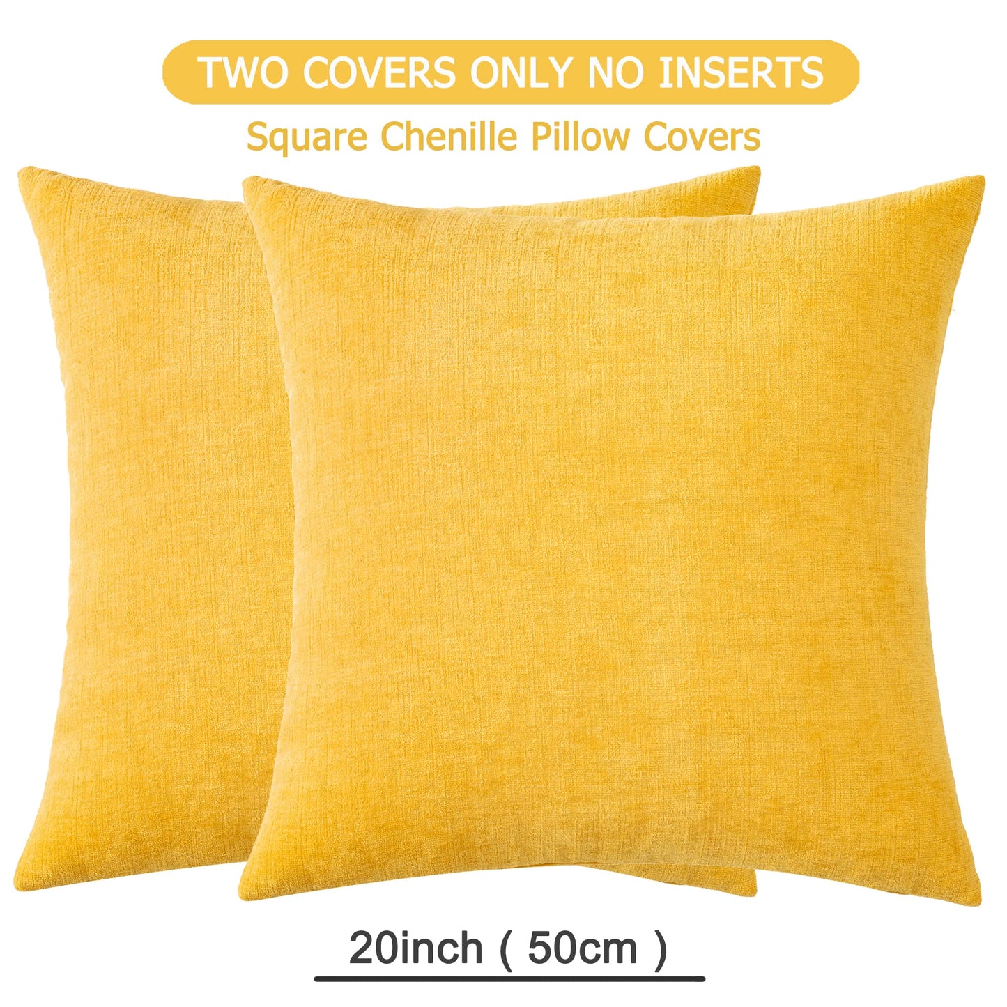 Decorative Square Throw Pillow Covers 20x20 Inch set of 2, Super Soft Chenille Farmhouse Pillowcase for Living Room Bedroom Sofa Couch Cushion Cover Gold Yellow 50x50cm/20x20 Inch