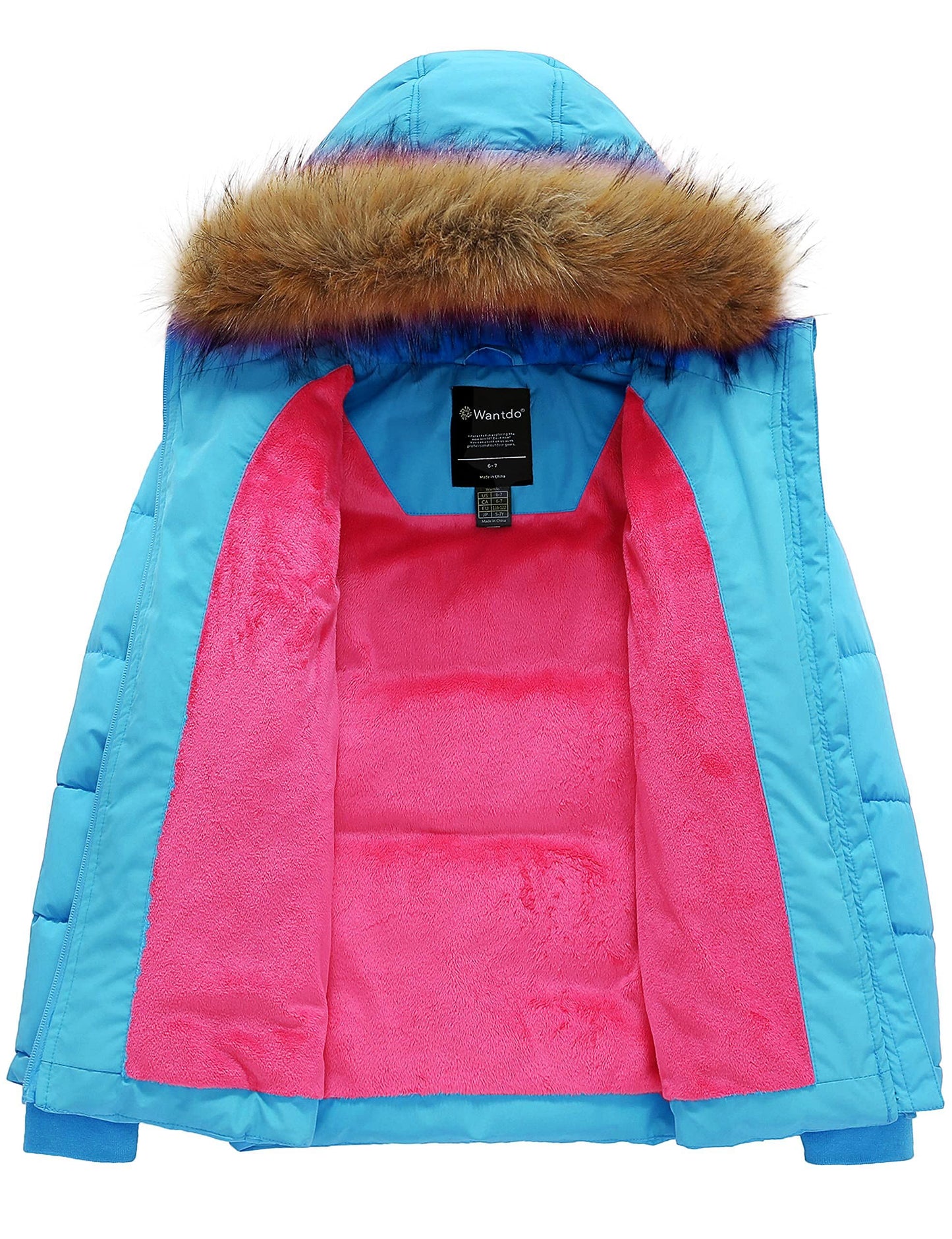 wantdo Girls' Windproof Winter Coat Warm Puffer Jacket Fleeced Coat with Faux Fur hood Sapphire Blue 8