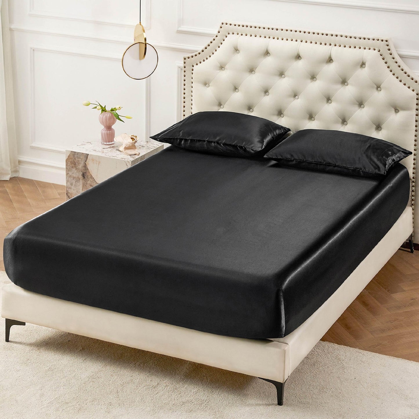 Bedsure Satin Fitted Sheet Only Twin Size - Black Silk Bed Sheet, Luxury & Ultra Soft, Non-Fading & Wrinkle Free, Good for Skin (Black, 39x75+15 Inches, 1 Piece, No Pillowcases)