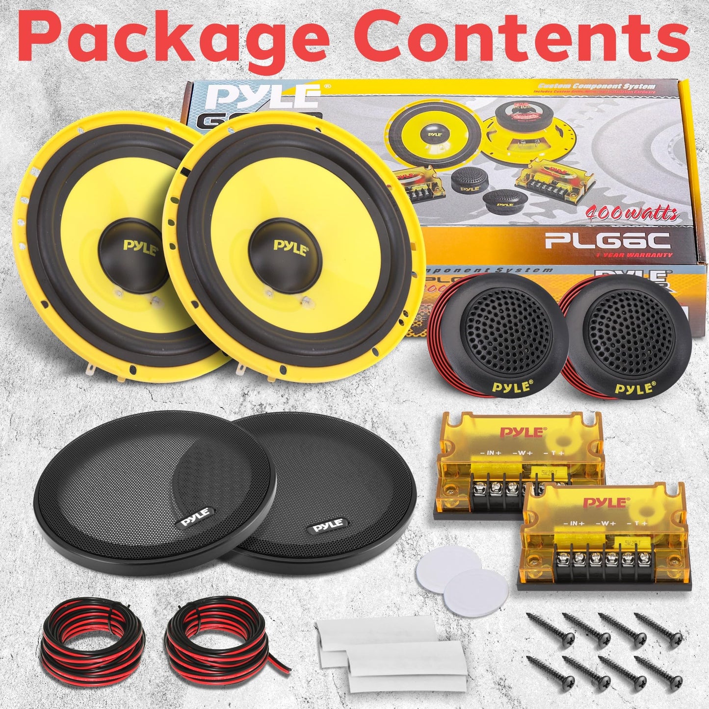 Pyle 2 Way Custom Component Speaker System - 6.5” 400 Watt, with Electroplated Plastic Basket, Butyl Rubber Surround & 40 Oz Magnet Structure - Wire Installation Hardware Set Included - PLG6C, Yellow