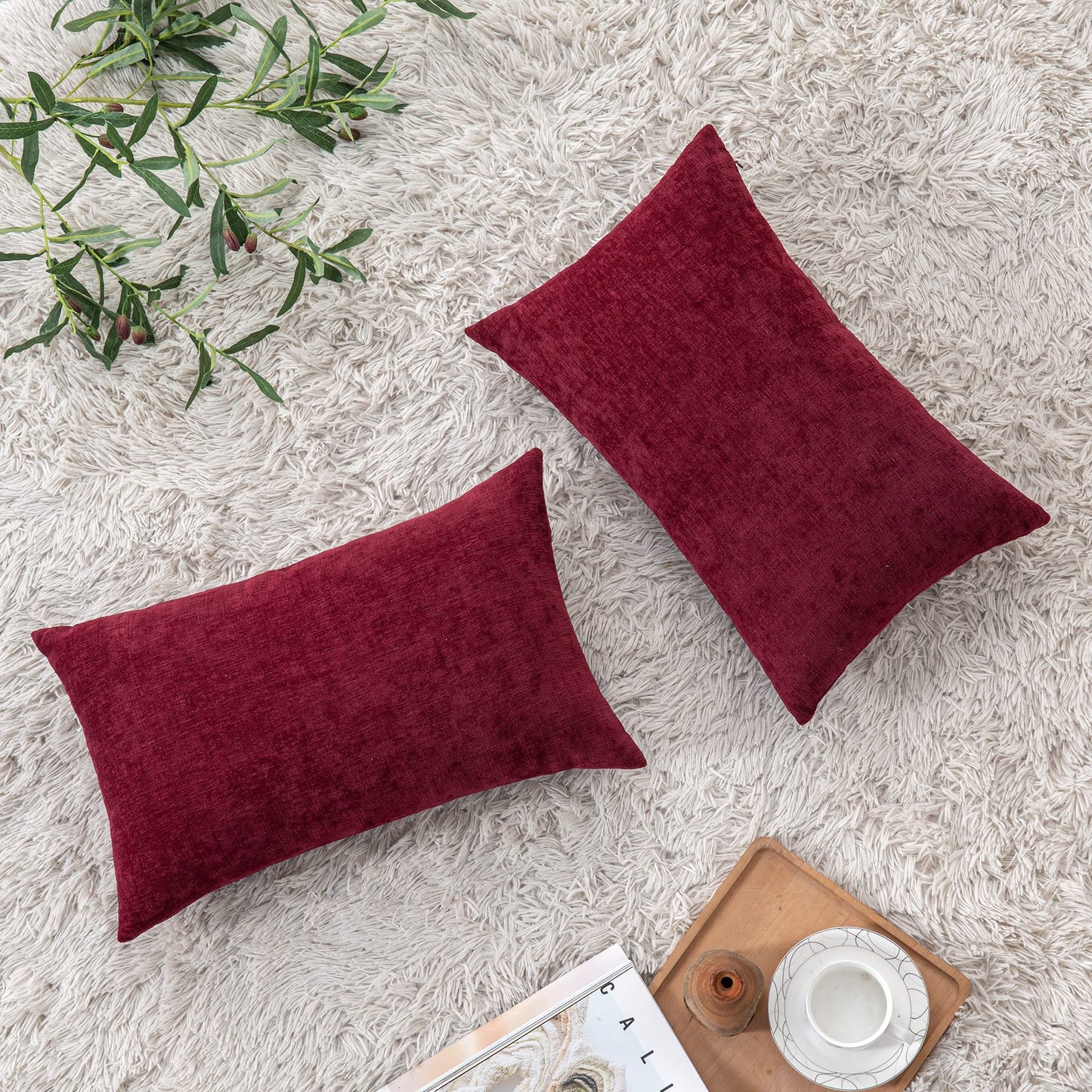 GAWAMAY Lumbar Decorative Throw Pillow Covers 12"x20" Inch Set of 2, Super Soft Chenille Rectangle Pillowcase for Living Room Bedroom Sofa Couch Cushion Pillow Cover Burgundy Red 30x50cm (ONLY COVERS)