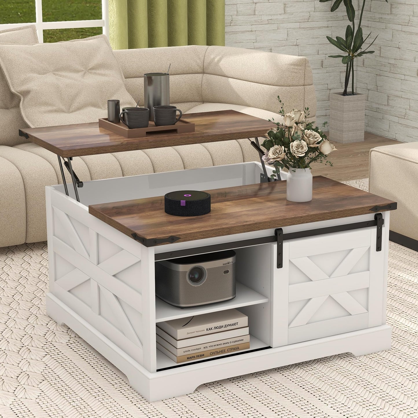 TaoHFE Lift Top Coffee Table with Storage,Rustic White Farmhouse Coffee Table, Square Storage Compartment and Adjustable Shelves Coffee Tables for Living Room (Oak White)