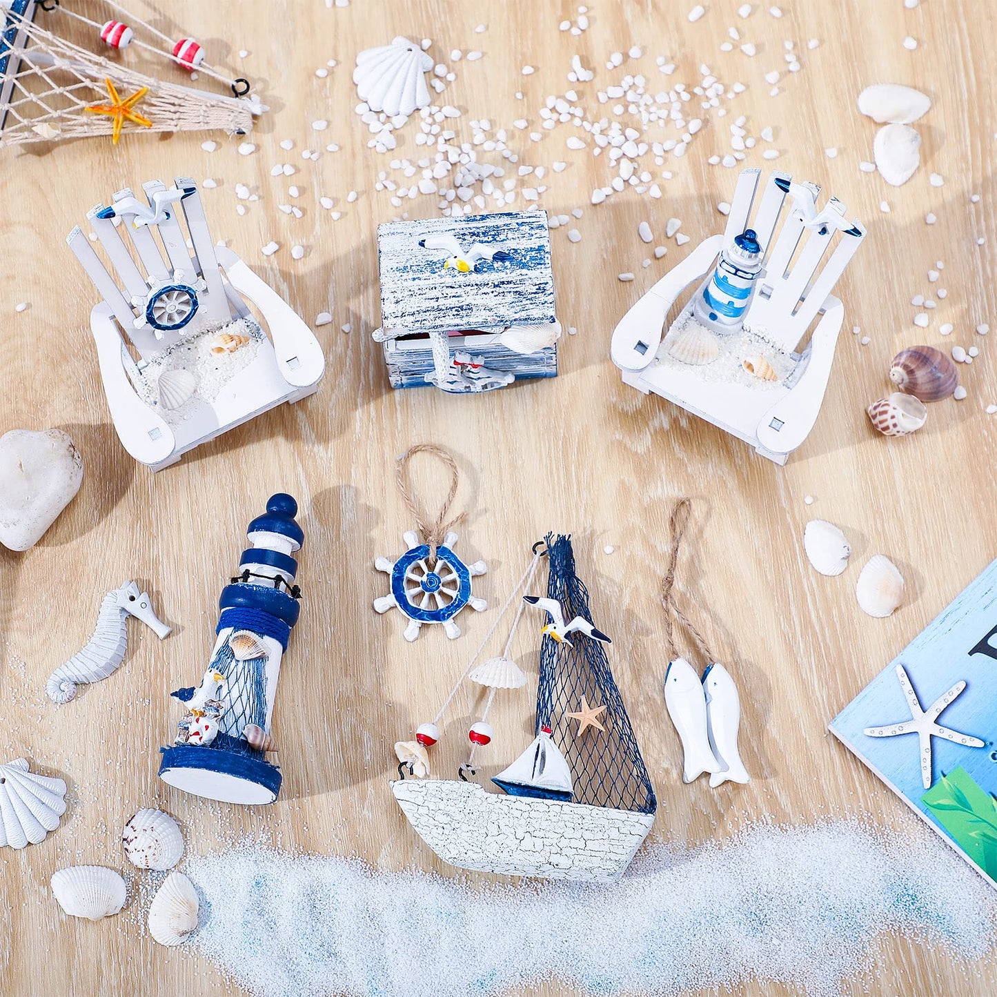 7 Pieces Wooden Box Wooden Lighthouse Mini Sailboat Anchor Fish Hanging Starfish Model Spring Summer Easter Tree Ornament Decoration Aquarium Decor Landscape Tank Ornament Office Mini Garden Landscape