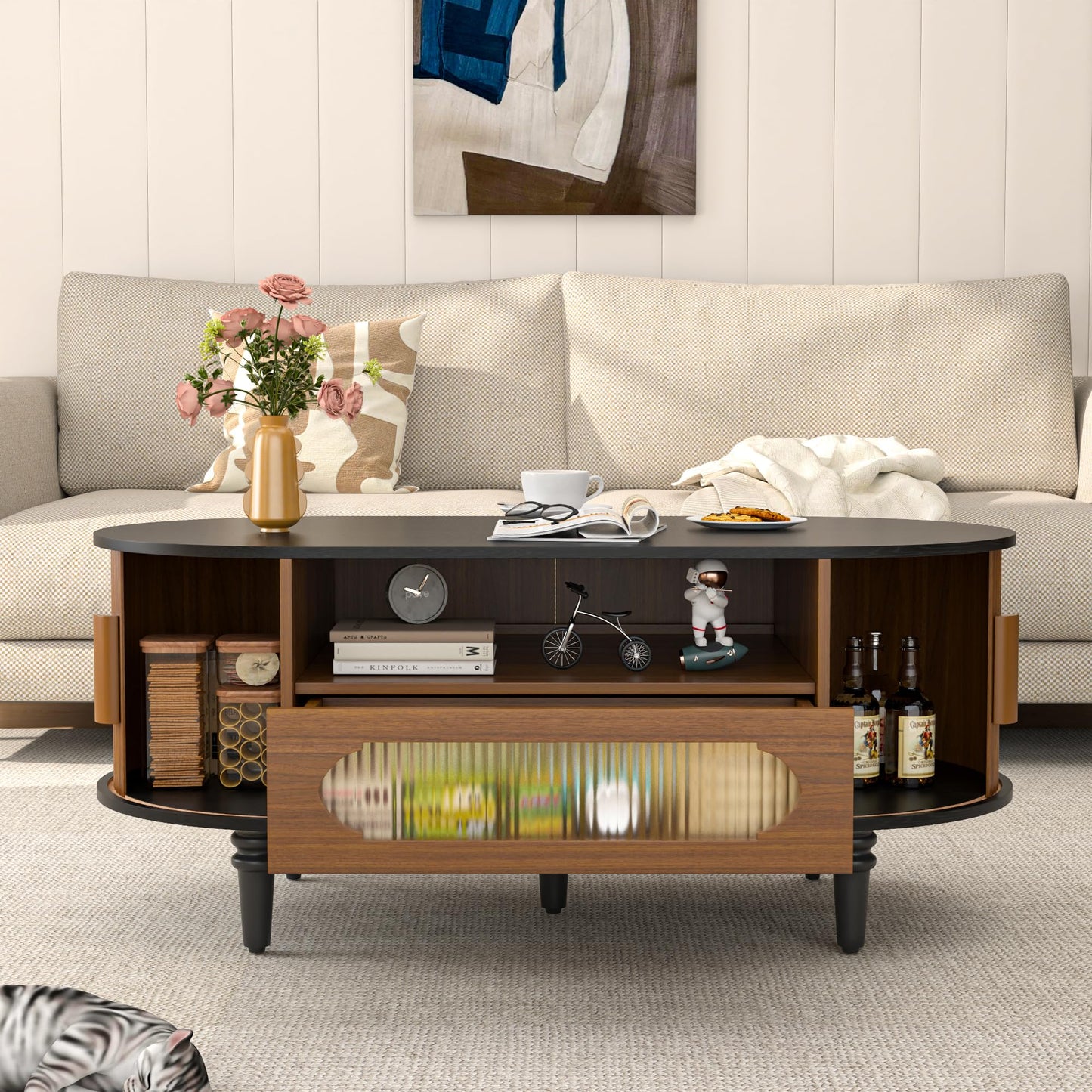Fluted Round Coffee Table with Storage, Modern Oval Coffee Table with Drawer, Sliding Door, Low Small Center Tables for Living Room, Wooden Boho, Mid Century, Unique, Black and Walnut