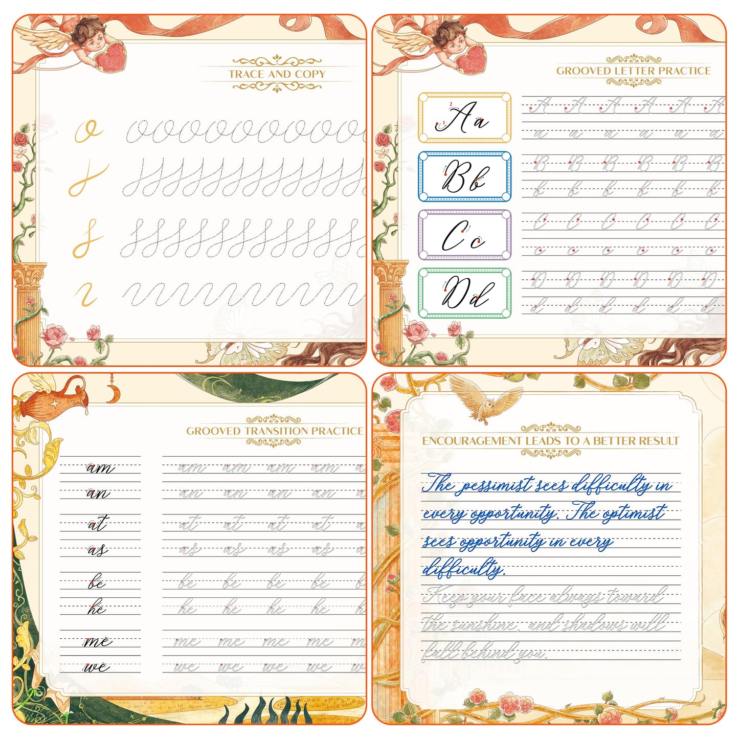 TIME X Grooved Cursive Handwriting Workbook Kit - Cursive Handwriting Workbook for Kids 8-12 and Adults - 3Pcs Magic Reusable Handwriting Workbook with Detachable Quote Postcards - 12.6"x10.6"