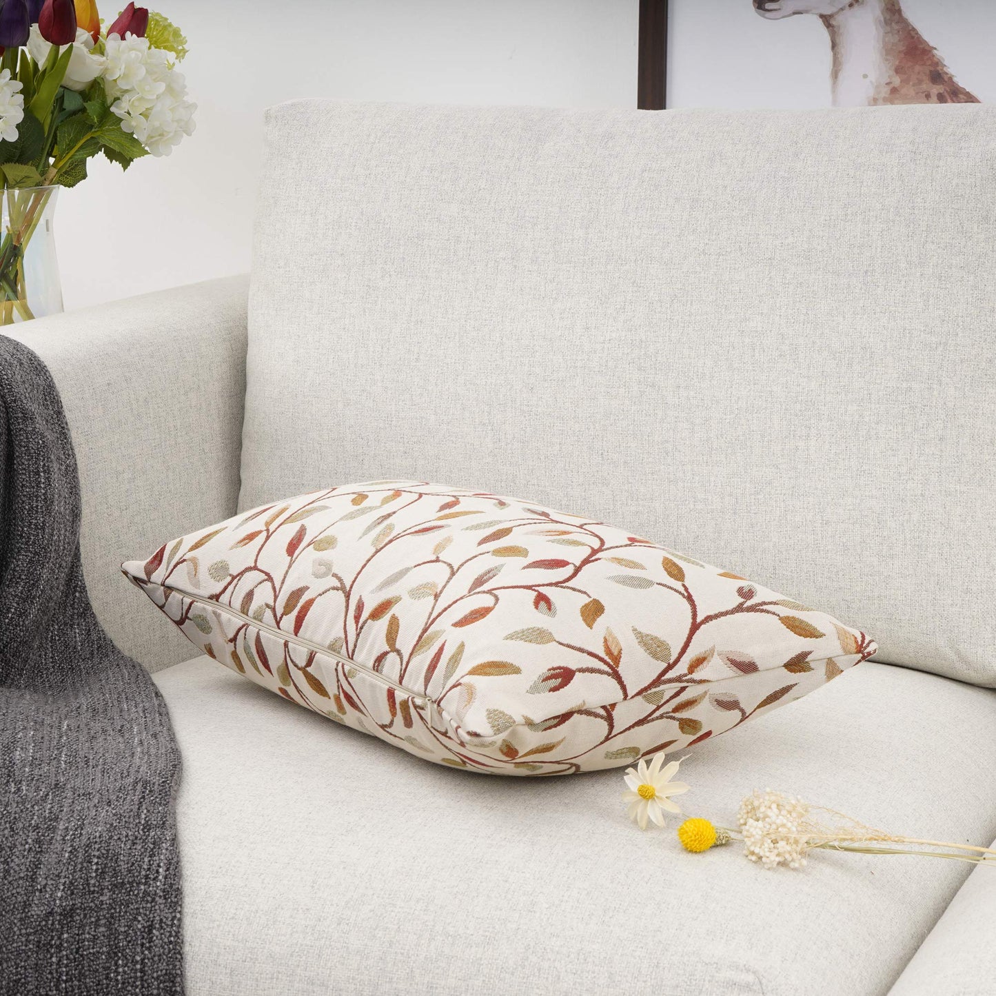 YOUR SMILE Farmhouse Oblong Rectangle Floral Chenille Embroidery Decorative Throw Pillow Case Cushion Cover Lumbar Pillowcase for Sofa 12 x 20 Inch, Brown Leaves