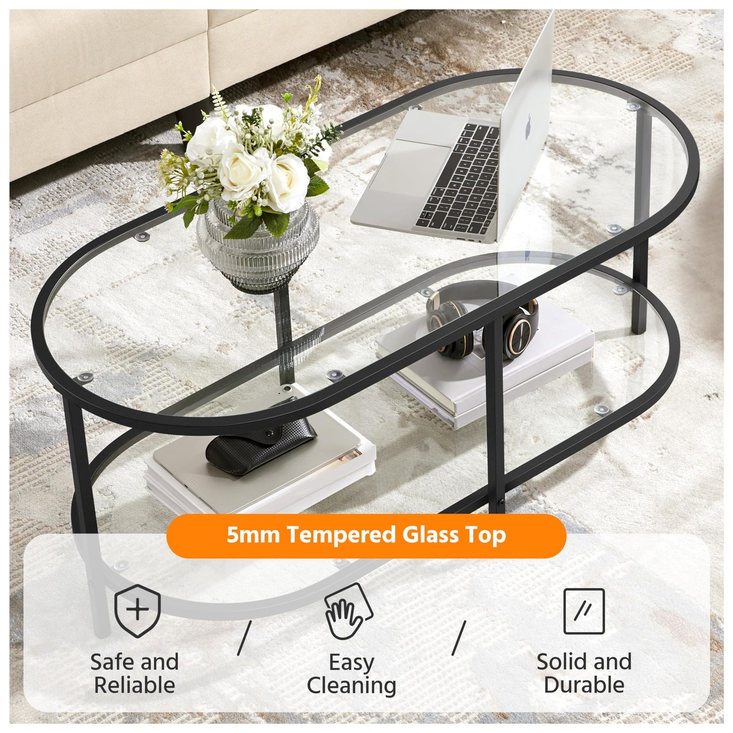 Yaheetech Glass Coffee Table, Black Small Center Table with Storage Shelf for Living Room Small Space, Apartment