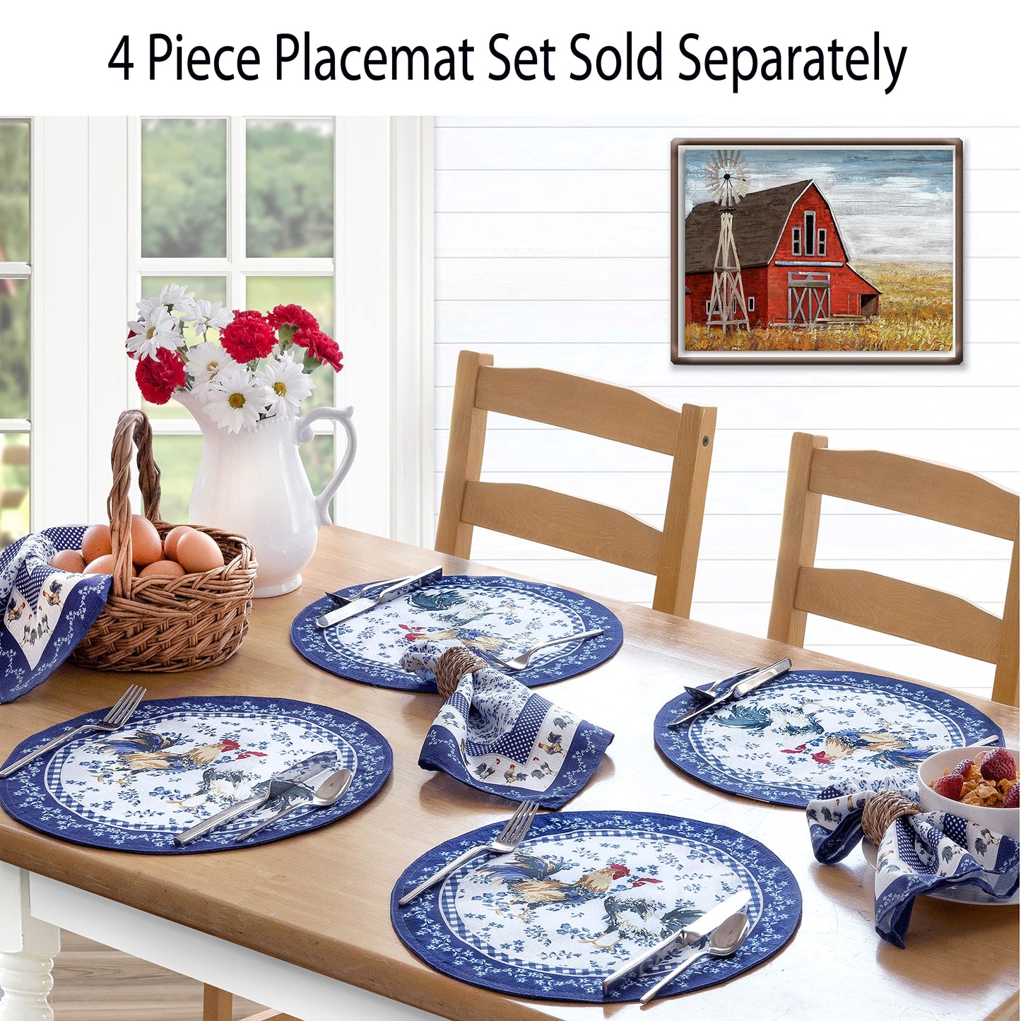 Home Bargains Plus Oval Fabric Tablecloth, 60 x 84 Inch, Blue Provence Rooster, Wrinkle, Water and Stain Resistant Country Provence Table Cloth, Farm
