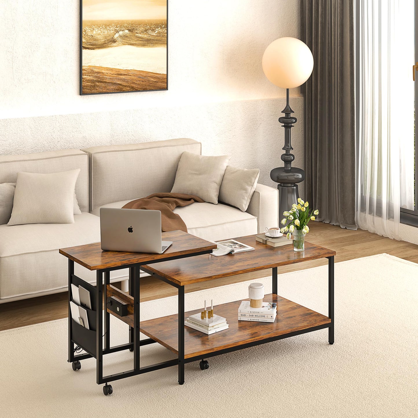 VECELO Coffee Table, Adjustable Coffee Table Set of 2 with End Table for Living Room, Nesting Table with USB Ports and Wheels, Modern & Industrial for Bedroom，Apartment, 31.5" and 20"，Rustic Brown