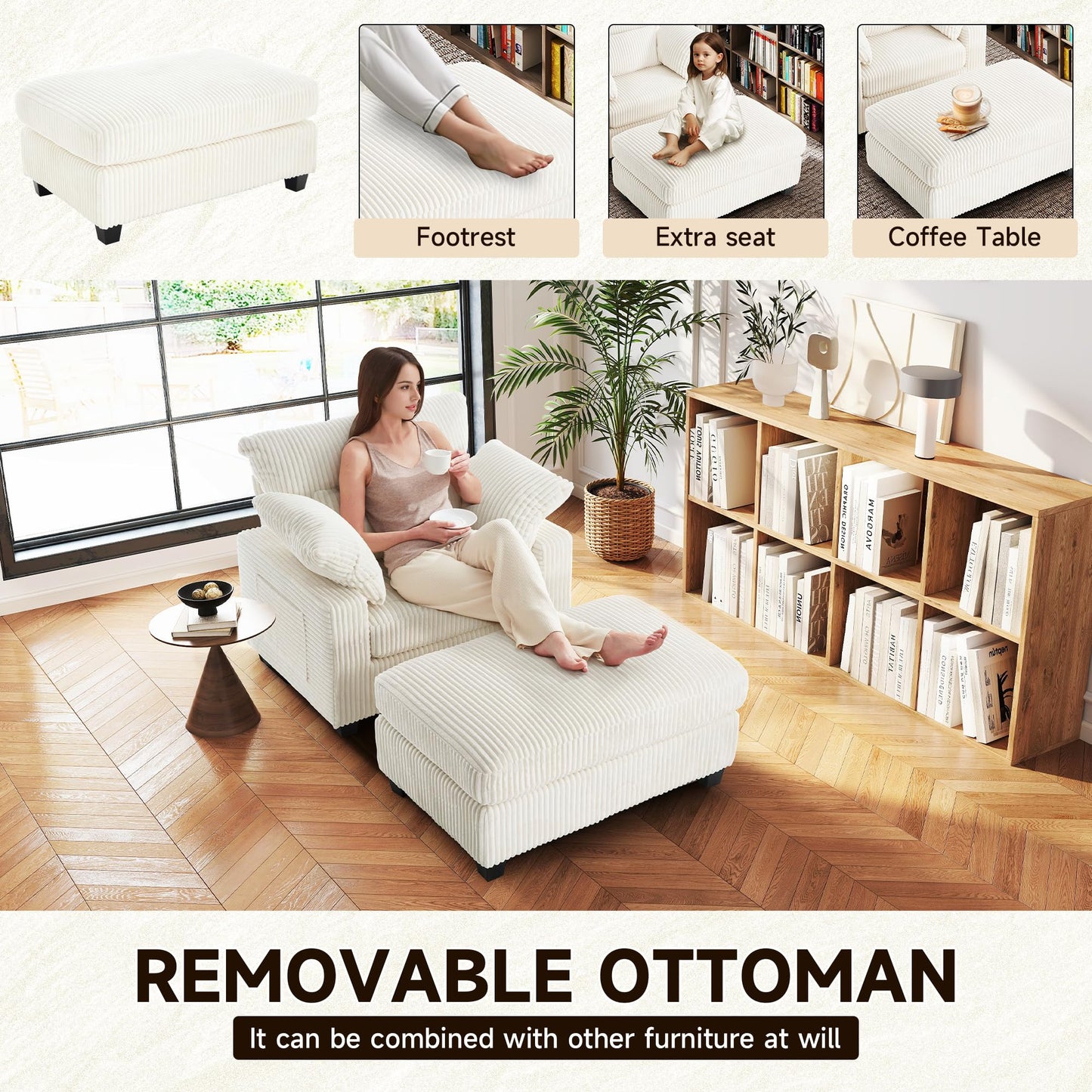 Hanherry 57.6" D Chaise Lounge Chair Indoor with Ottoman, Corduroy Lounge Sleeper Sofa Chair, Comfy Reading Chair with Double-Sided Armrest and Lumbar Support for Bedroom, Living Room, Office(Beige)