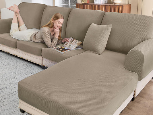 BT.WA Sectional Couch Covers for Sofa Cushion L Shaped Couch Cover Washable Soft Couch Cushion Covers Stretch Sofa Slipcovers(1-Piece for Chaise or Sofa 3-Seater, Khaki)