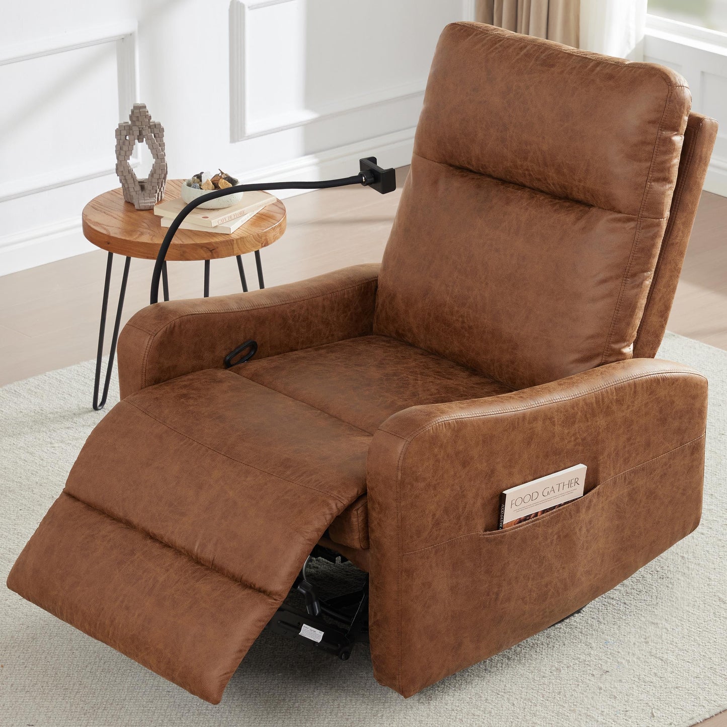 AYEASY Oversized Leather Recliner Chair with Phone Holder, Swivel Rocking Reclining, Ergonomic Lazy Boy Recliner Chair with Lumbar Support, Manual Glider Sofa Chair for Living Room, RV, Brown