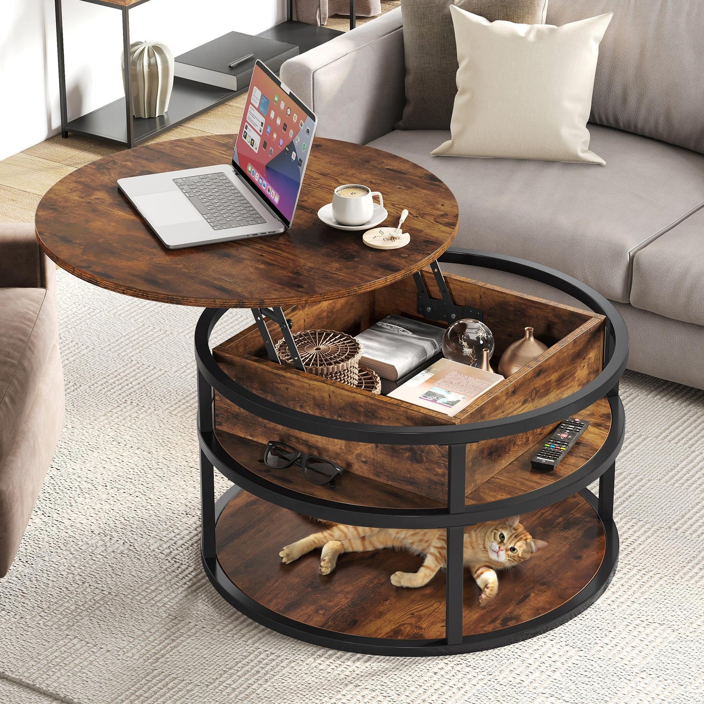 YITAHOME Round Lift Top Coffee Table with Storage, Brown Farmhouse Coffee Tables for Living Room Modern Coffee Table with Hidden Storage Compartment, Round Center Tables Living Room Home Office, Brown