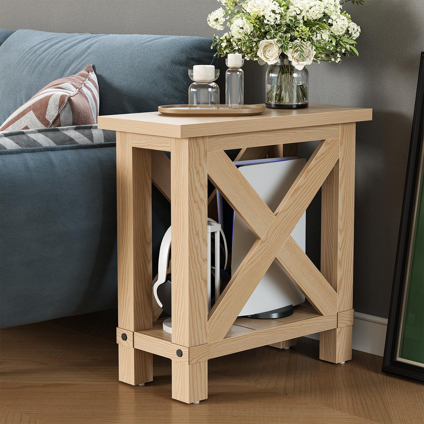 LITTLE TREE Farmhouse Side Table, Narrow End Table for Space Saving, Bedside Furniture for Bedroom, Living Room, Small Spaces, Oak