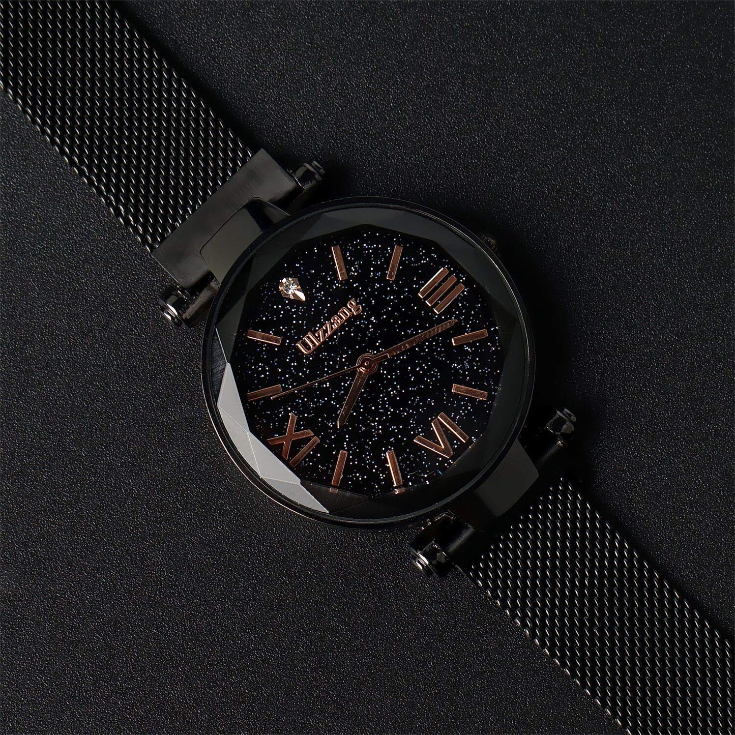 FUNGORGT Fashion Black Ladies Watch Magnetic Mesh Band Starry Sky Dial Analogue Quartz Wrist Watch for-Valentine's Day Gifts