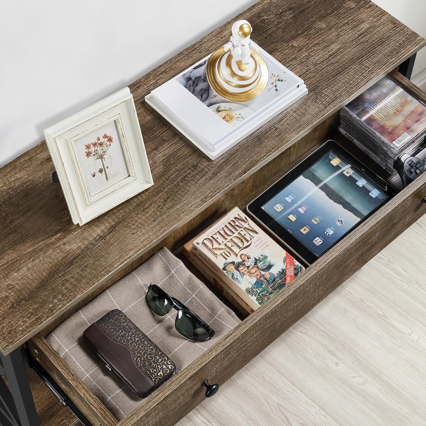 Yaheetech Console Table with Drawer and 2 Open Storage Shelves, Sofa Table for Living Room, 3-Tier Narrow Entryway Table, X-Shaped Design, Taupe Wood