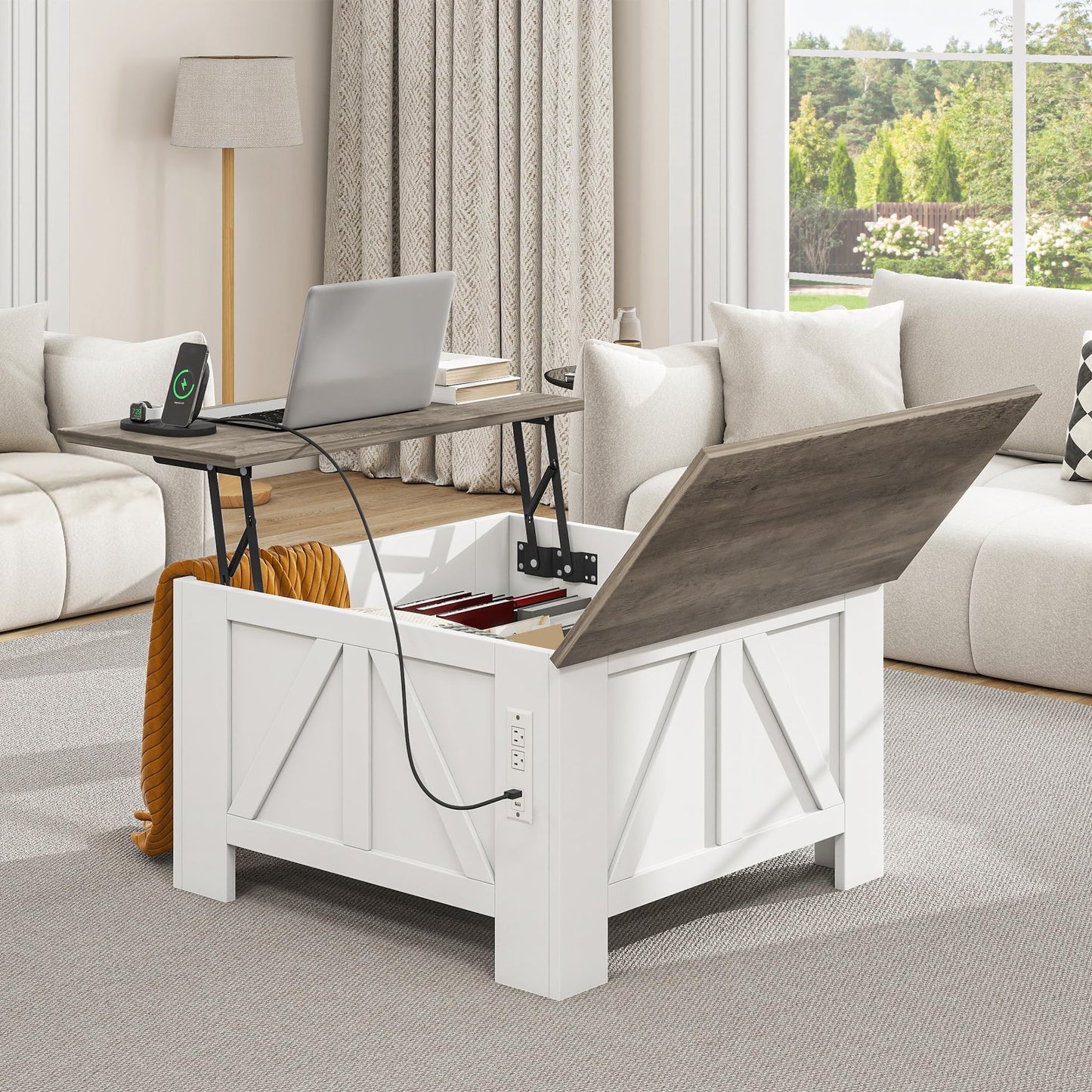 YITAHOME Farmhouse Lift Top Coffee Table with Storage, Wood Square Center Table with Charging Station & USB Ports and Hidden Compartment Coffee Tables for Living Room Bedroom, Home Office, White