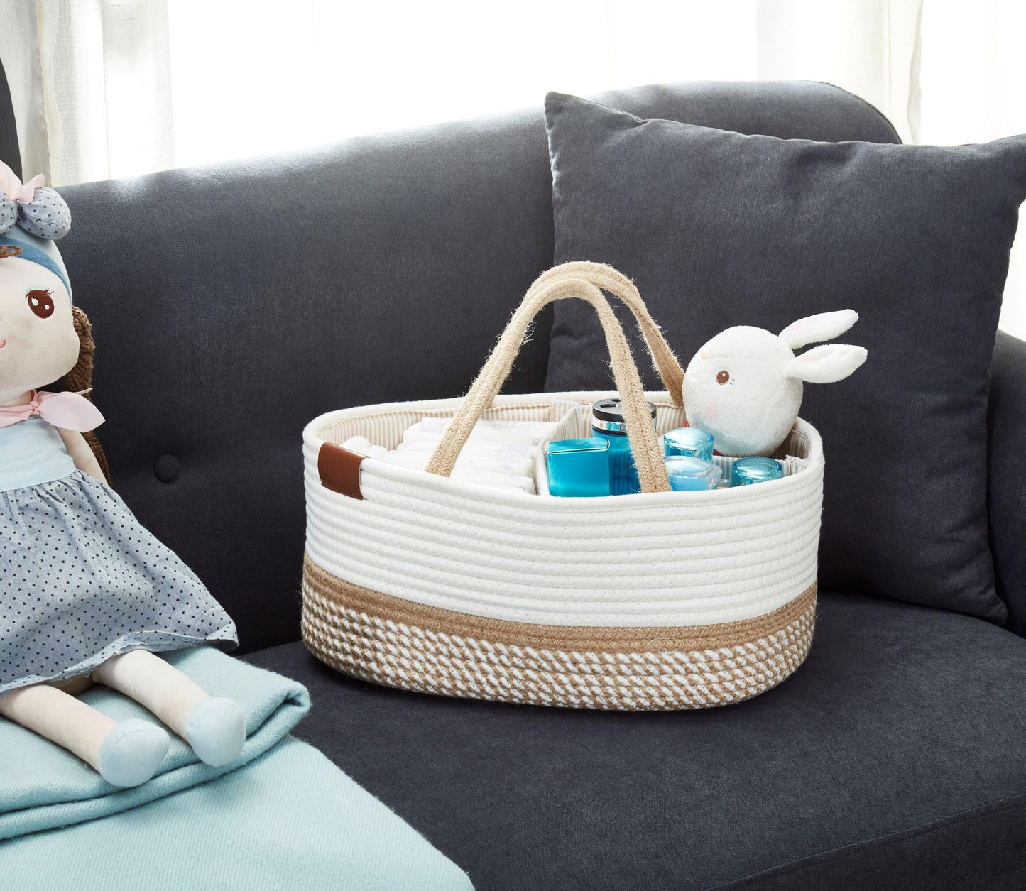 DECOMOMO Baby Caddy Organizer, Diaper Caddy Basket, Baskets for Baby Shower Gifts (Spiral Beige & White, Extra Large)