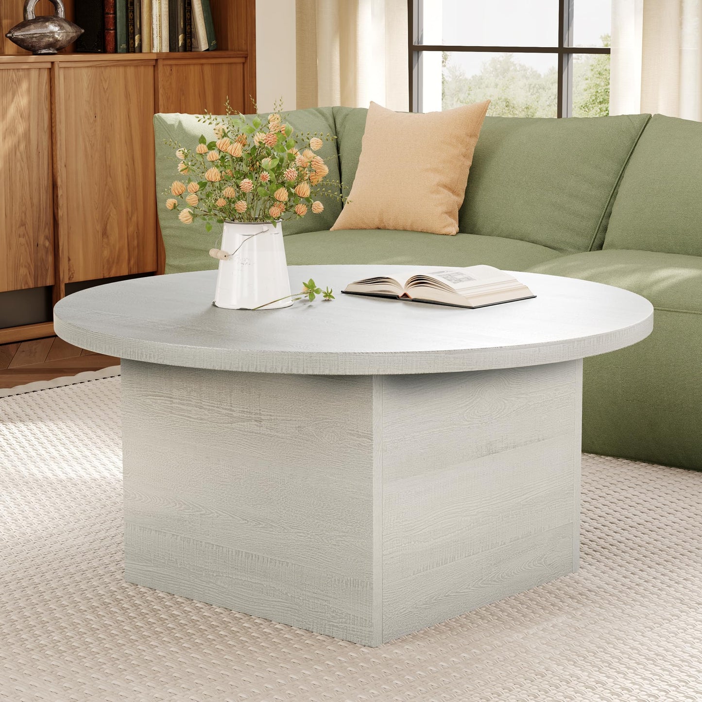 AMICLIBER Round Coffee Table, 35.5-Inch Modern Engineered Wood Center Coffee Tables for Living Room, Home Office Wooden Farmhouse Rustic Cocktail Tea Accent Table,White