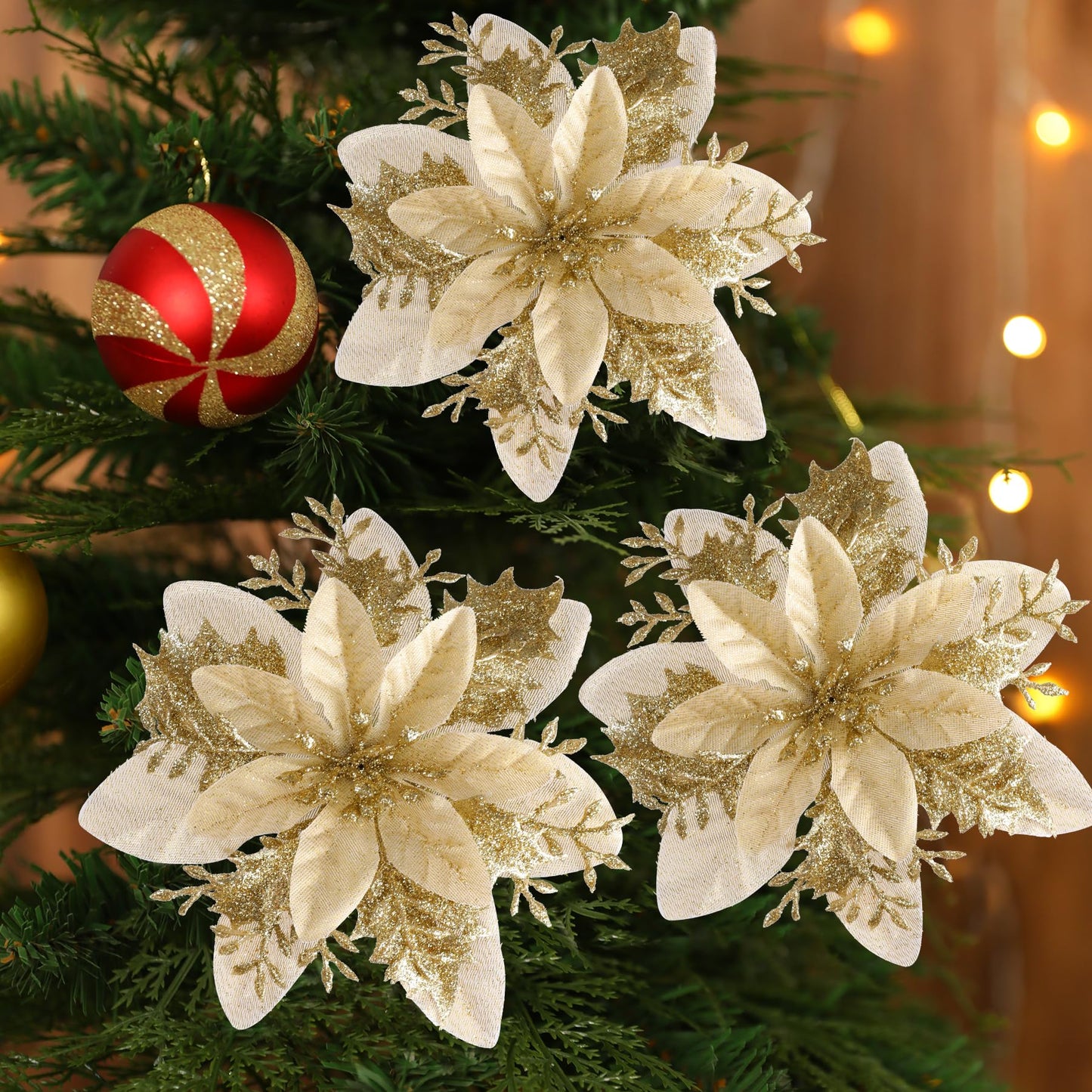 Kisflower 24PCS Poinsettia Artificial Flowers Gold Christmas Flower Decorations with Clips and Stems, Glitter Christmas Tree Ornaments for Xmas New Year Wedding Party (Gold)