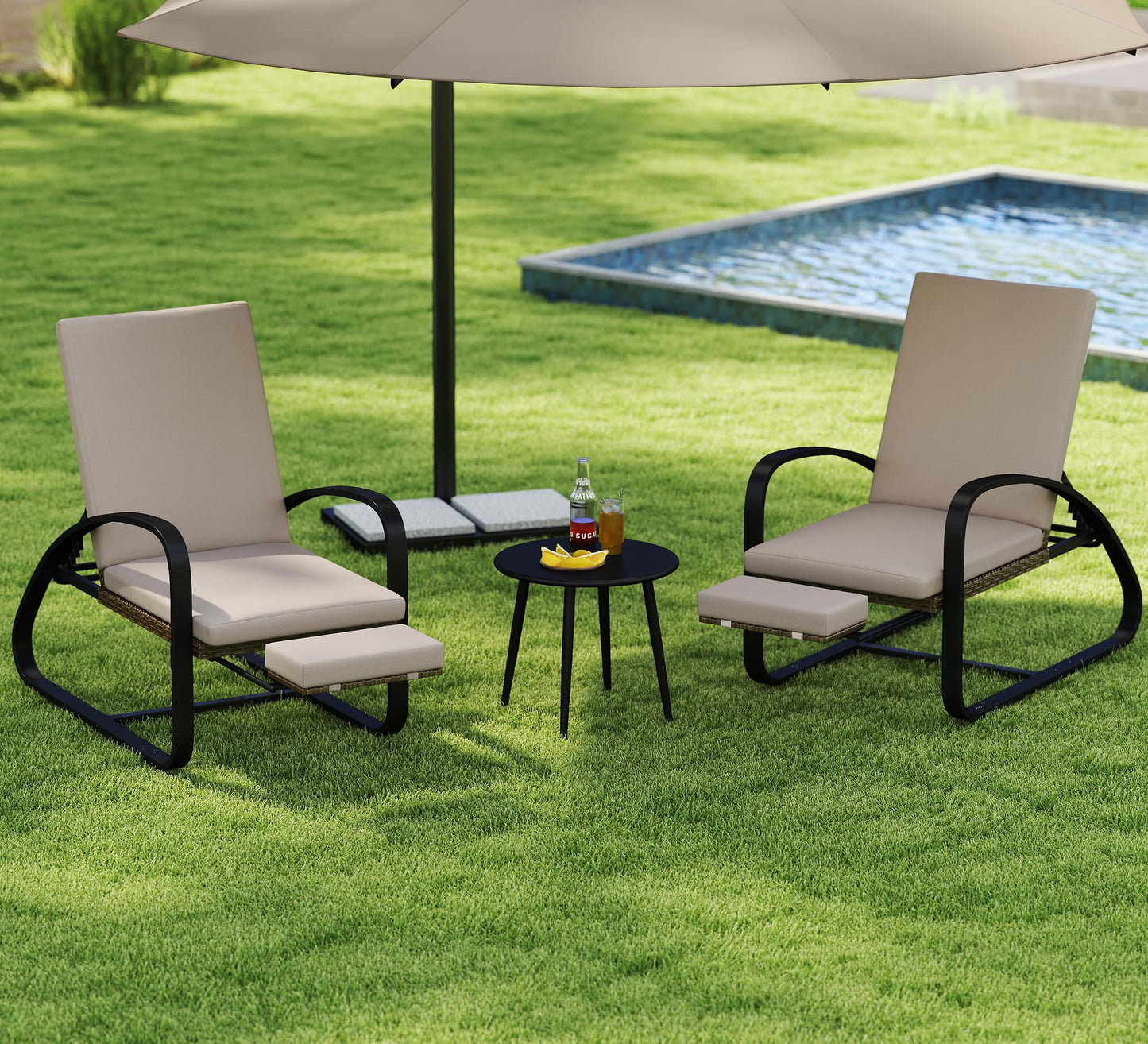 DAYARUS 3 Piece Patio Furniture Set with Pullout Footrest, Adjustable Backrest Patio Conversation Set, Metal Patio Chairs with Coffee Table, Outdoor Furniture Lounge Recliner for Lawn/Balcony, Khaki