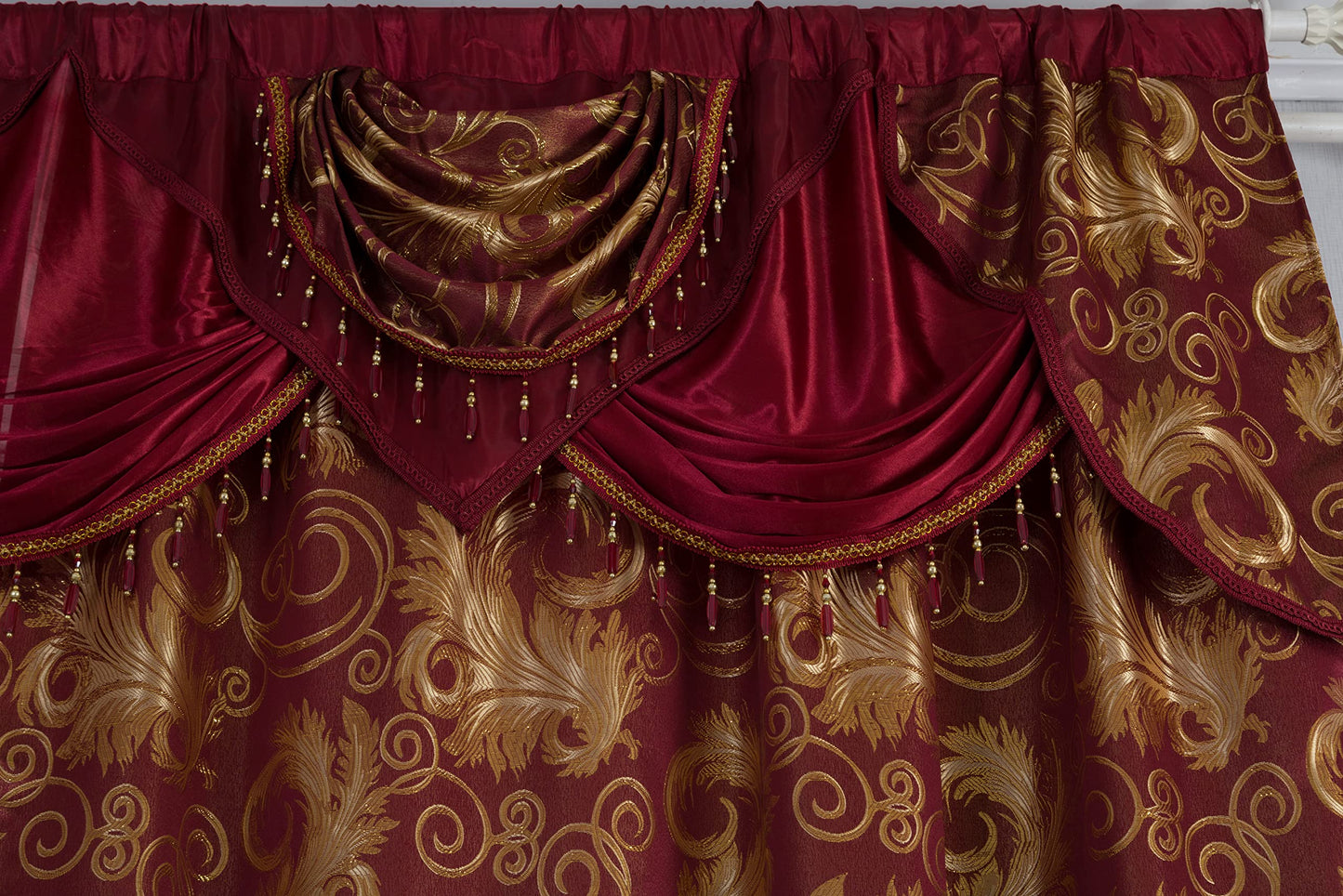 GLORY RUGS Jacquard Luxury Window 2 Panel Set Burgundy Gold Curtain with Attached Valance and Backing Bedroom Living Room Dining 2 Curtains 55x84 inches Each Jana