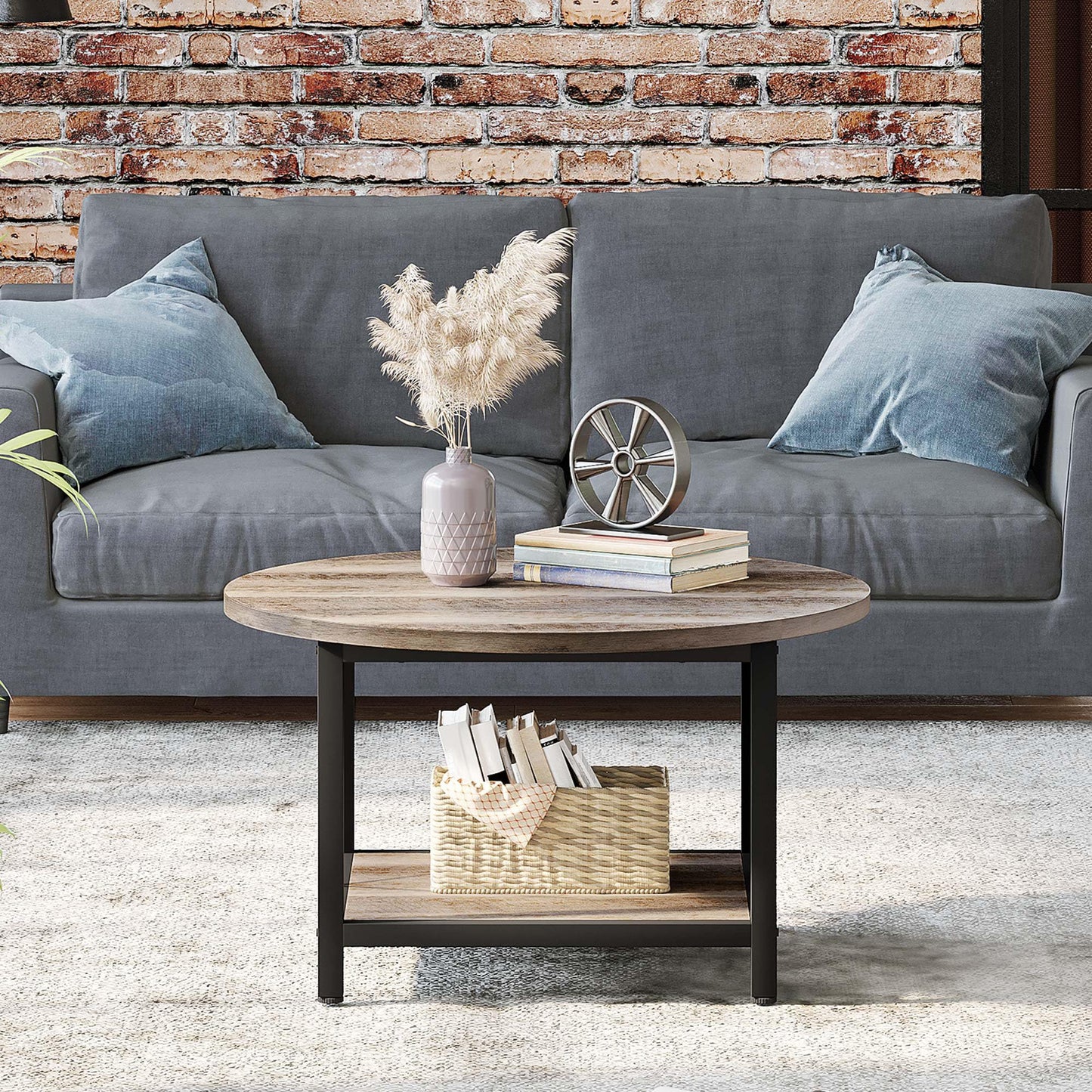 YITAHOME Round Coffee Table, Rustic Wood Coffee Tables for Living Room, Farmhouse Circle Coffee Table with 2-Tier Storage, Center Table with Sturdy Metal Legs Storage Shelf, Grey Wash