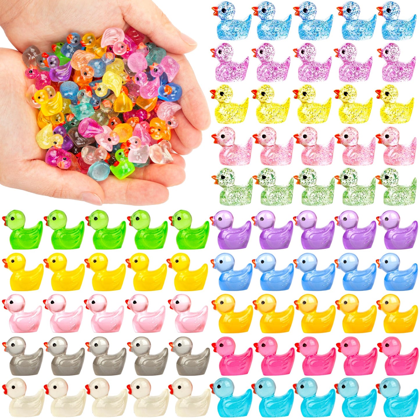 FEXIA 100pcs Mini Ducks Glitter Resin Ducks Mini Resin Animals Figures to Hide Glow in The Dark Tiny Duck Figures for Dollhouse Aquarium Fairy Garden Decor