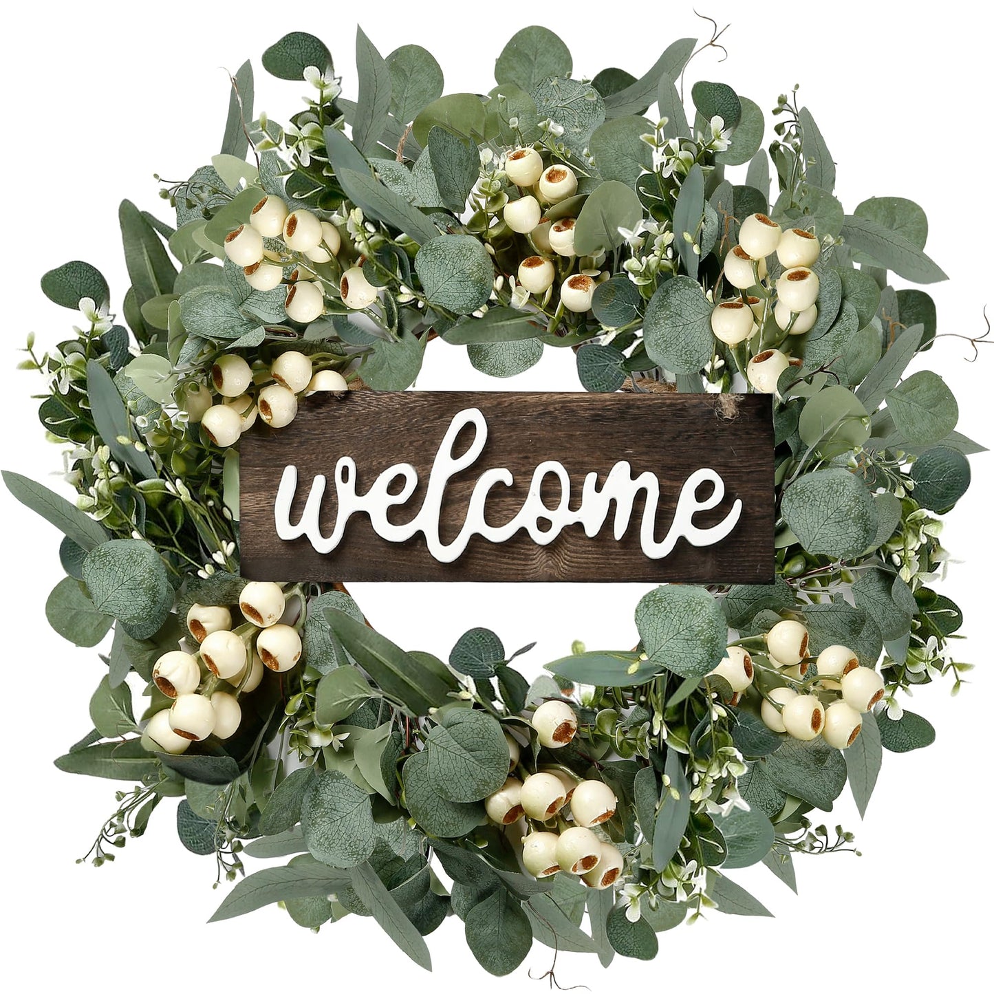 Sggvecsy Green Artificial Eucalyptus Wreath with Welcome Sign 20in Spring Summer Wreath with White Berries for Front Door Wall Window Festival Porch Farmhouse Patio Garden Decor