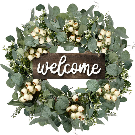 Sggvecsy Green Artificial Eucalyptus Wreath with Welcome Sign 20in Spring Summer Wreath with White Berries for Front Door Wall Window Festival Porch Farmhouse Patio Garden Decor