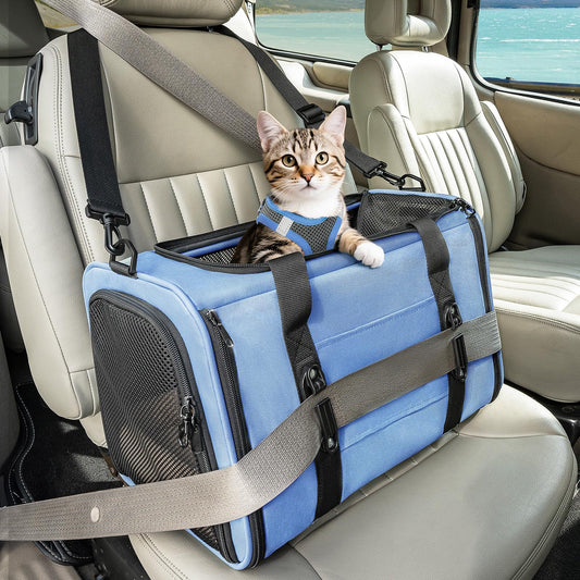PETSFIT Soft-Sided Cat Carriers & Car Seats with Patent Safe Buckles, Clip-On Harness，18"x11"x11" Airline Approved Pet Carrier - 9 lbs Capacity (Blue)