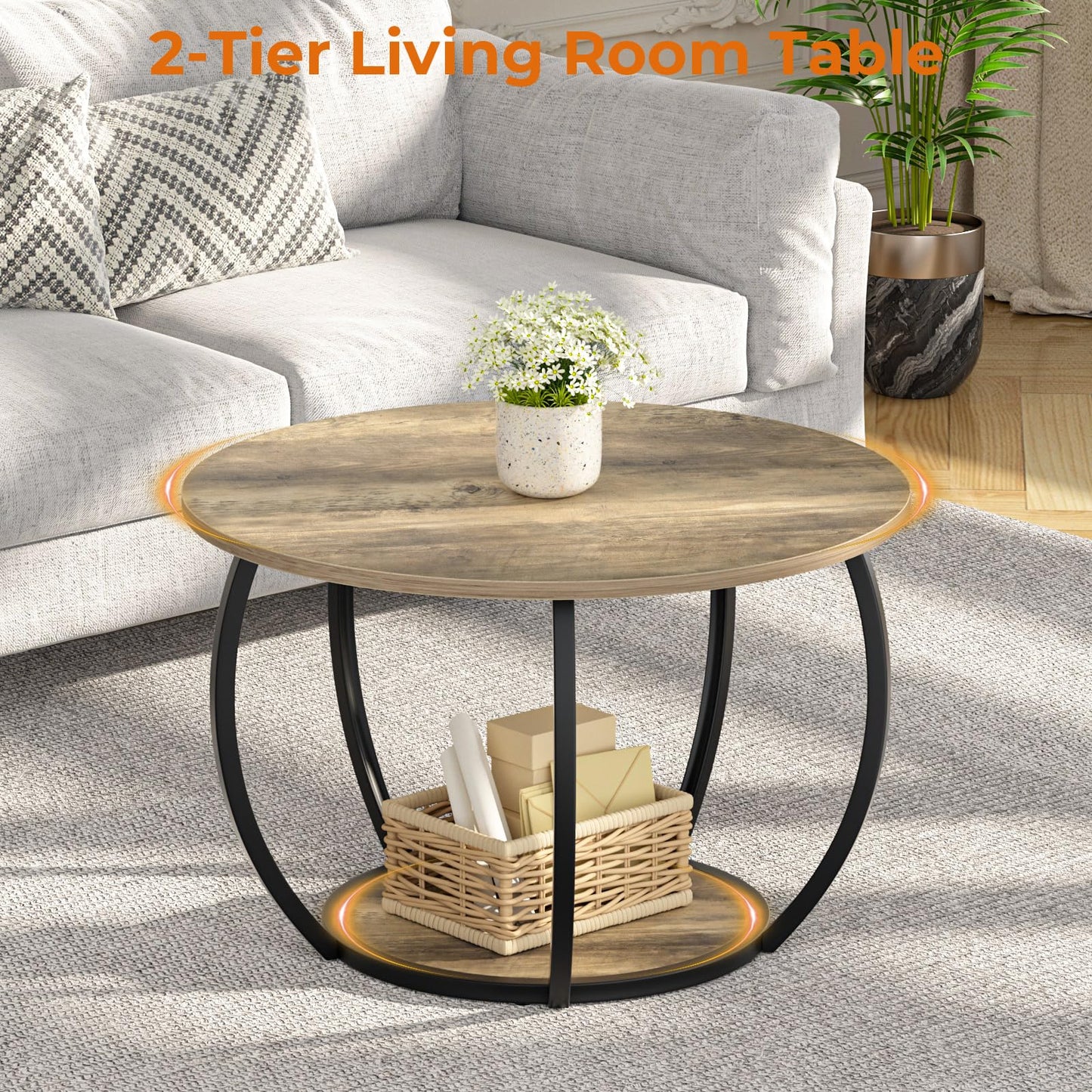 GreenForest Coffee Table Round for Living Room, 27.6 inch 2 Tier Small Tea Tables with Storage, Farmhouse Center Table with Adjustable Feet, Grey Wash