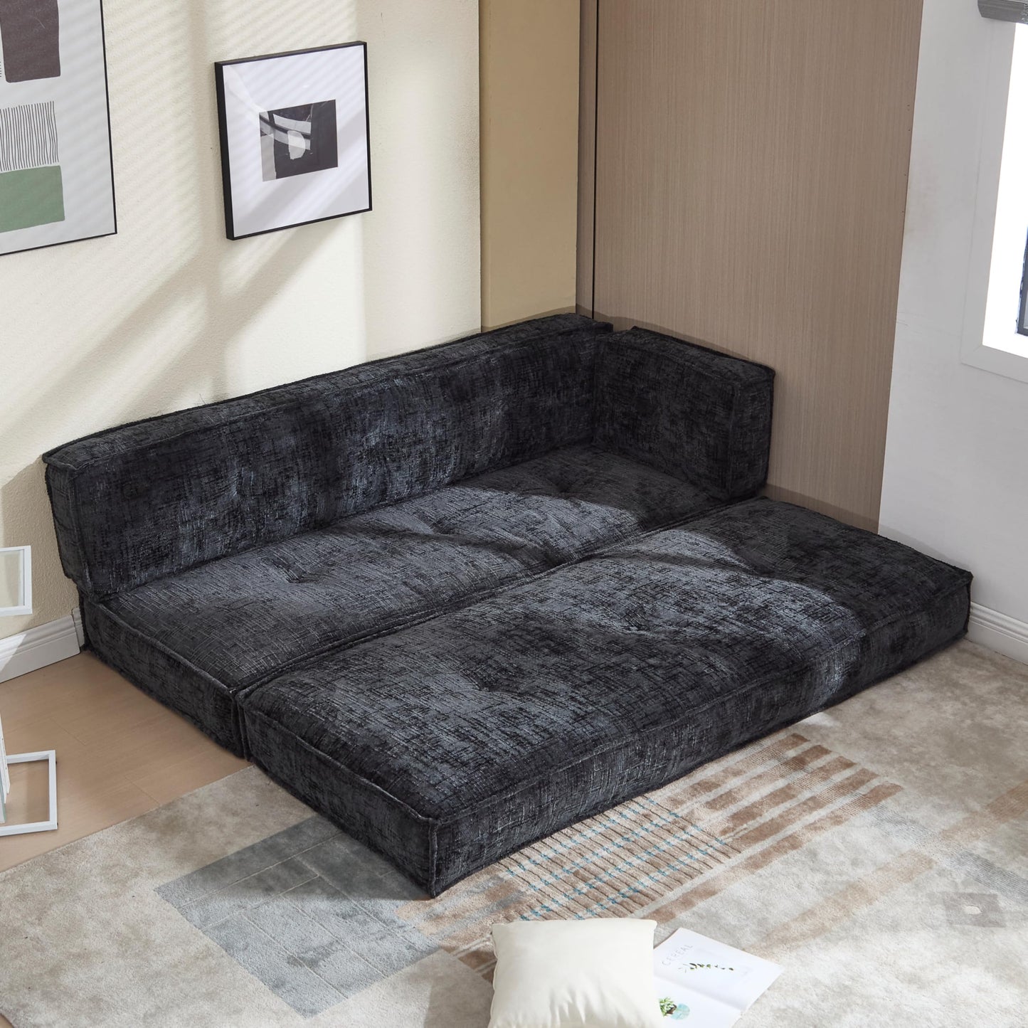 VYNELITO Modular Couch Convertible Sleeper Floor Sofa Bed, Chenille Folding Mattress Couch with Side Bag Storage, 4-in-1 Combined Lazy Sofa for Living Room Bedroom,Black