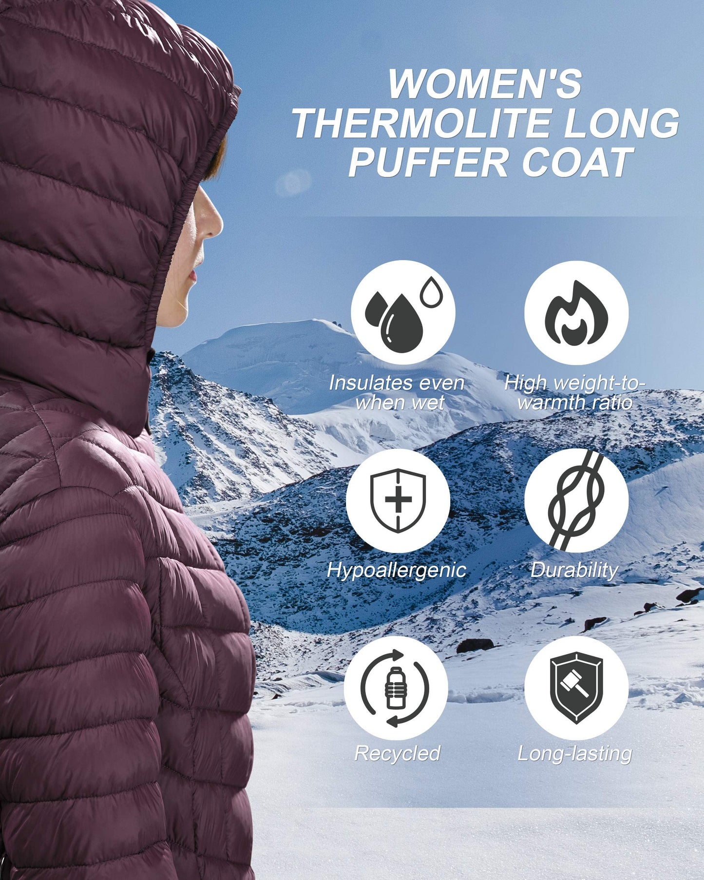 Outdoor Ventures Women's Lightweight Warm Winter Long Puffer Coat with Hood-Large,36"