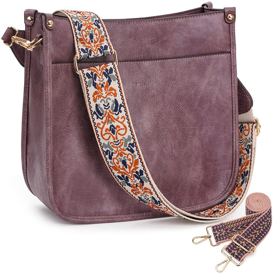 HKCLUF Crossbody Bags for Women Trendy Vegan Leather Hobo Handbags With 2pcs Adjustable Guitar Strap Crossbody Purse For Women(Purple)