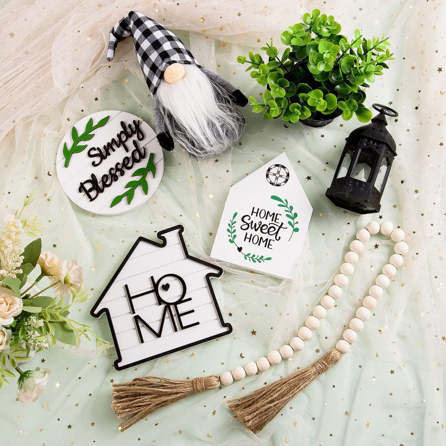 10 Pcs Farmhouse Tiered Tray Decor Rustic Wooden Home Decor Wood Bead Garland Sweet Wooden Sign with Artificial Succulents Plants Mini Candle Lantern for Farmhouse Home Kitchen(Tray Not Included)