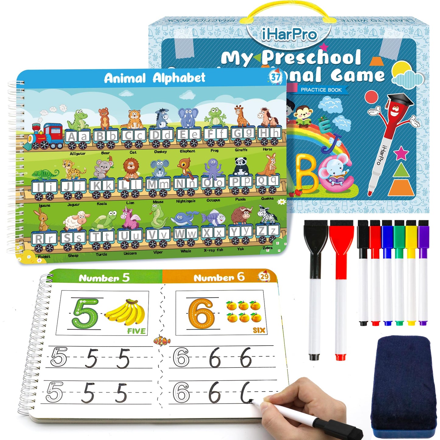 Handwriting Practice Book for kids, Toddlers Preschool Learning Activity 40 Pages Autism Educational Montessori Toys Learn Number Letters Shapes Animal & Sight Words Workbook with 8 Dry Erase Markers