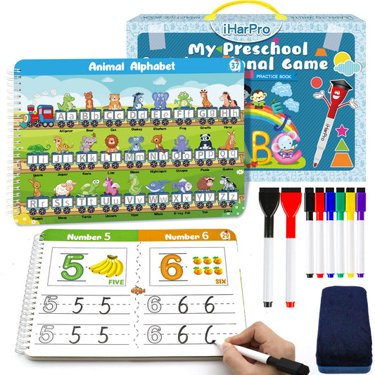 Handwriting Practice Book for kids, Toddlers Preschool Learning Activity 40 Pages Autism Educational Montessori Toys Learn Number Letters Shapes Animal & Sight Words Workbook with 8 Dry Erase Markers